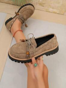 Women's New Khaki Matte Wooden Bead Tassel Lace-Up Loafers With Side Rivets, Contrast Stitching, Thick Sole, Round Toe, Preppy Style, Versatile Commuter Shoes - Khaki - View 2