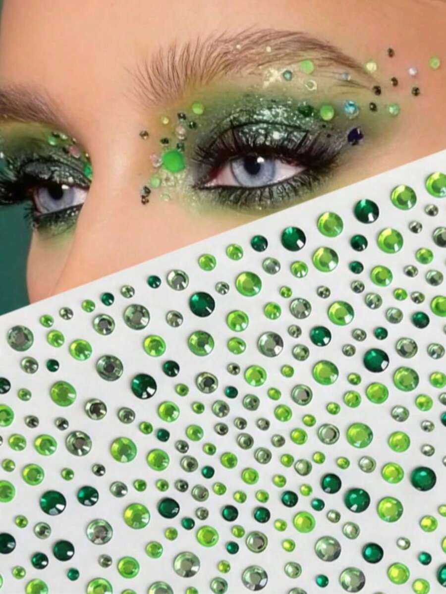 325pcs Green Diamond Face Stickers, Face Decoration Rhinestone Stickers, Self-Adhesive Rhinestone Stickers, Multiple Sizes Available, Suitable For Face, Eyes, Body Face Jewels - Green - View 1