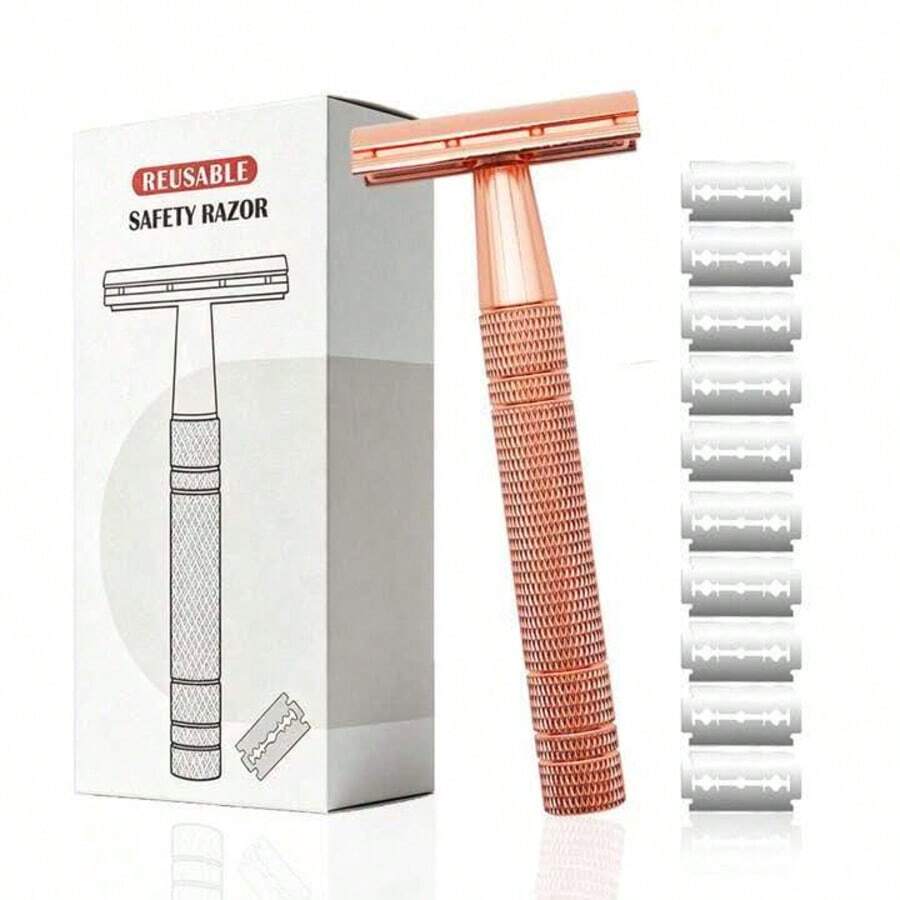Reusable Women's/Men's Razor, Rose Gold Double Blade Safety Razor With 10 Blades, Suitable For Women And Girls, Handle With Safety Guard Razor Beauty Tool, Suitable For Personal Care, Men's And Women's Body Hair Removal, Suitable For All Skin Types. And Convenient, Vanity, Travel, Bedroom, Bathroom, Suitable For Women Beginners, Travel And Home Essential. - Safety Razor - View 1