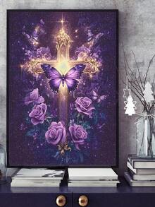 5D DIY Diamond Painting Kit, Gold Cross With Purple Roses And Butterflies Diamond Art Set, Dreamy Purple Religious Floral Wall Decor, Adult Stress Relief Diamond Painting, Handmade Wall Art, Crafting Fun - No Frame - View 2