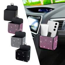 1pc Car Air Vent Organizer, Car Coin Holder, Rhinestone Car Air Vent Leather Pocket, Universal Car Accessory Shiny Car Small Bag With Hook, Suitable For Fashion Glasses, Keys, Coins - A - View 1