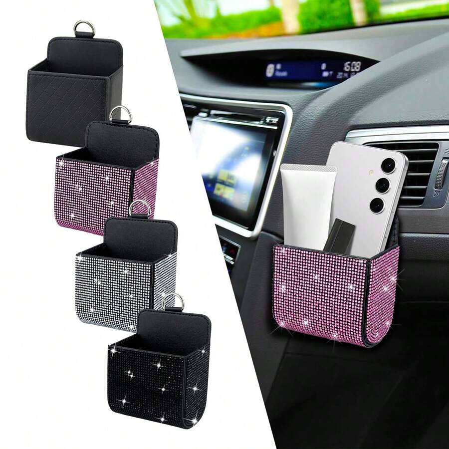 1pc Car Air Vent Organizer, Car Coin Holder, Rhinestone Car Air Vent Leather Pocket, Universal Car Accessory Shiny Car Small Bag With Hook, Suitable For Fashion Glasses, Keys, Coins - A - View 1