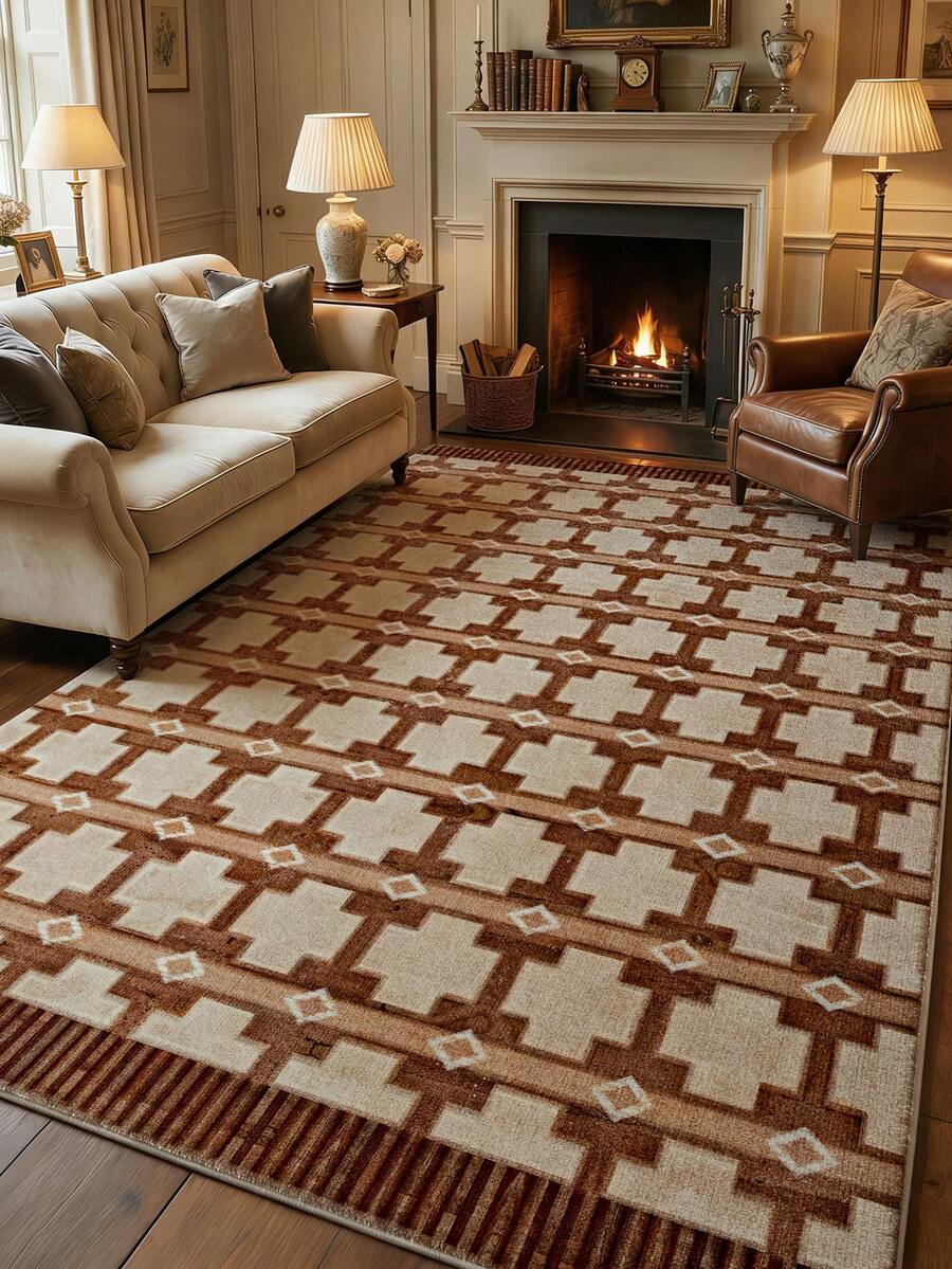 1pc Rusty Brown Geometric Living Room Rug. Suitable For Kitchen, Dining Room, Bedroom, Room Holiday Decor, Indoor/Outdoor, Office, Lobby, Non-Slip Doormat, Bathroom Rug, Hallway, Study Gaming Area Rug. - Rust Brown - View 1