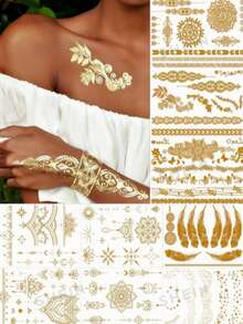 3/1pc Gold Temporary Tattoo Stickers, Gold Freckle Metallic Tattoo Stickers For Women Adults, Waterproof Gold Tattoo Stickers With Feather, Flower, Star, Mandala Patterns, Suitable For Beach, Festival, Music Party - Gold - View 1