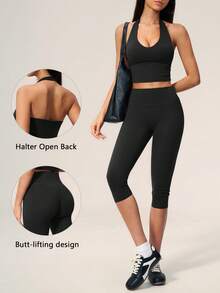 TimeOff Women's One Set Solid Color Halter V-Neck Cropped Tank Top & High Waist Mid-Length Shorts Sports Set - Black - View 1