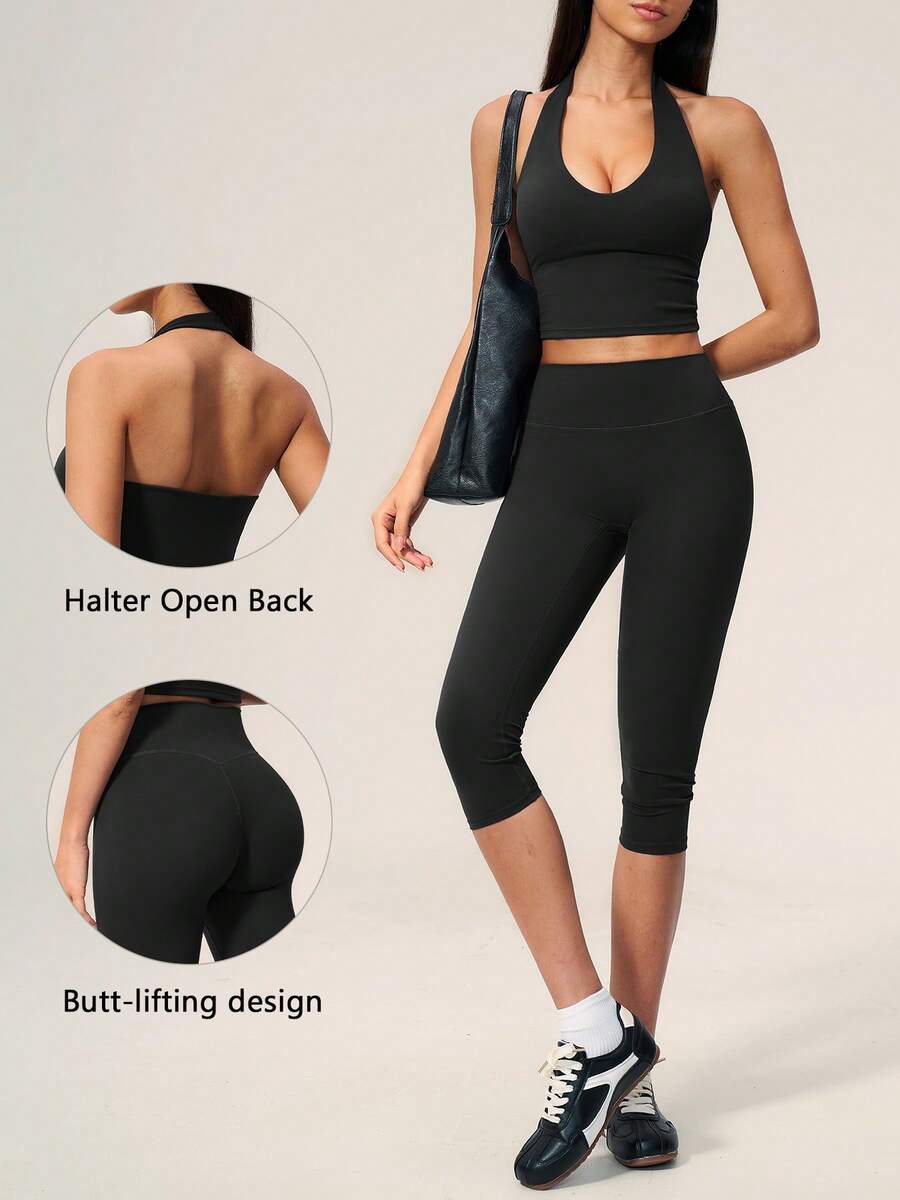 TimeOff Women's One Set Solid Color Halter V-Neck Cropped Tank Top & High Waist Mid-Length Shorts Sports Set - Black - View 1