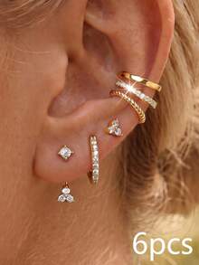 6/12pcs Exquisite Dazzling Earring Sets Earrings Stack Stack Golden Silvery Rhinestone Flower Hoop Cuff Stud Women Party Jewelry Gifts - Earring Set - View 6