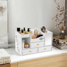 SHIOUCY White PVC Cosmetic Organizer, Vanity Storage Box, Makeup Organizer, Desktop Jewelry Storage Drawer Case With Mirror For Home Bedroom Dormitory - White - View 2