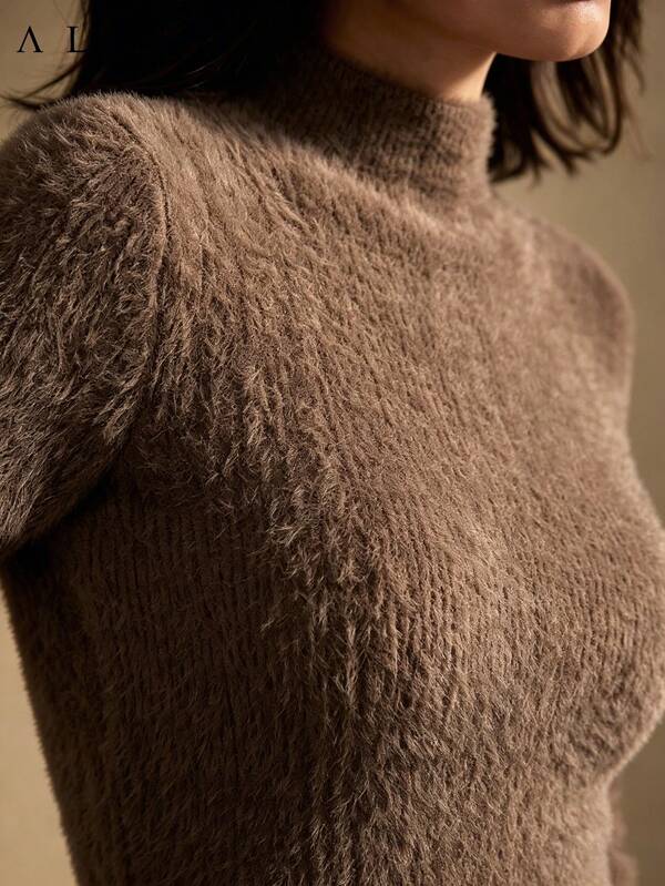 Aliao Fall Winter Fleece Lined Asymmetric Hem Mock Neck Long Sleeve Slim Fit Knit Top Casual Daily