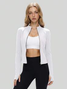 NcmRyu Women's 1pc Metal Zipper Small Stand Collar Thumb Hole Long Sleeve Slim Fit Sports Jacket - White - View 9