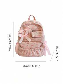 Pink Bow Print Backpack Decorative Satin Bow Ornaments Multi Layer Zipper Pockets Lightweight Student School Backpack For Teen Girls - Pink - View 4