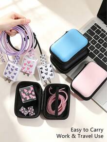 6pcs Charging Cable Storage Box Protective Case Charger Data Cable Organizer Box Portable Anti-Tangle Heart Pattern Protective Shell Travel Desktop Storage - Multicolor - View 5