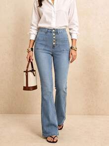 Women's Elegant Elegant Style All-Season New Minimalist Vintage Design Front Pocket Denim Flare Jeans Extra Long - Light Wash - View 2