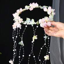 粉色布藝花卉與藍色蝴蝶花環珍珠串珠流蘇髮箍，仙女風新娘髮飾，適用於婚禮、舞會、攝影與節慶 - 彩色 - 查看 7