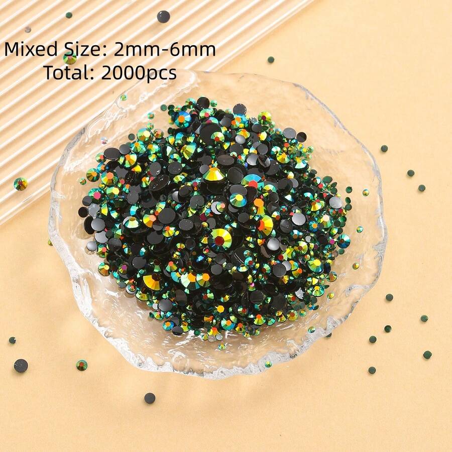 2MM-6MM Mixed Size 2000PCS/Pack Round Flat Back Resin Rhinestones Jelly Candy AB Color Bling Strass Glitter DIY Gems Stones Diamond Glue On Jewelry Bead For Clothes, Bag, Shoes, Mugs, Bottles, Tumblers, Mobile, DIY Accessories - Black Background, Dark Green 58 - View 1
