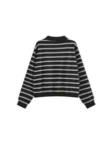 Kaos Lengan Panjang Bergaris Kasual Wanita (Garis Acak) untuk Liburan - Hitam - View 4