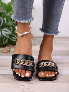Women's Casual Slip-On Square Toe Chain Buckle Rhinestone Slip-On Sandals, Shiny Holiday Slides - Black - View 2