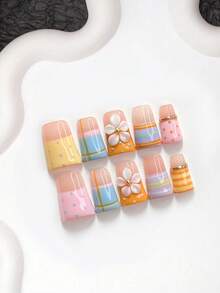 10件/組夏季馬卡龍風手工穿戴甲，Polygel美甲套組，花瓣與波點設計，橘黃色指甲油，糖果色調，含美甲工具，3種尺寸可選，杏仁、鴨嘴、棺材形，適合派對、跳舞、日常穿戴 - 彩色 - 查看 18