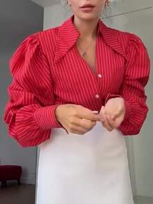 Women's Fashion Elegant Commute Lapel Long Sleeve Striped Shirt, Solid Color Front Button-Down Office Daily Autumn/Winter - Red - View 6