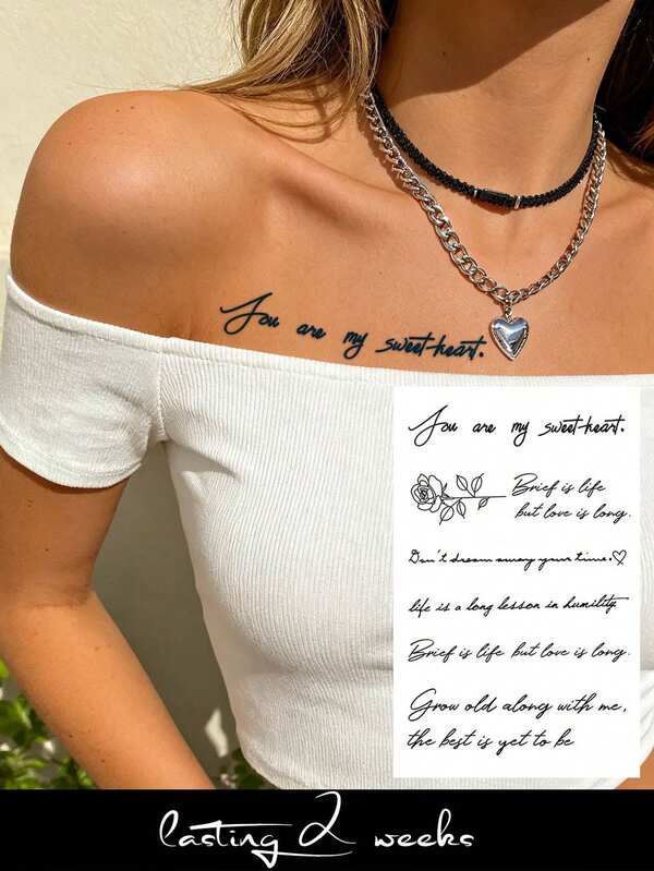 Herbal Juice Semi-Permanent Tattoo Sticker, Inspirational English Short Phrase Pattern, 14 Days No Fading, Music Festival Party Gift, Shoulder Neck Collarbone Waist Abdomen Body Temporary Tattoo Sticker, 1pc/Pack
