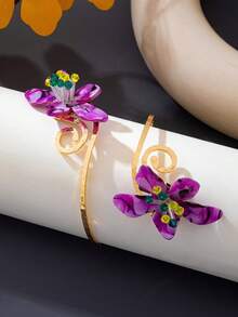 1pc Niche Tie-Dye Resin Flower Multi-Layer Arm Cuff, Contrast Orange & Purple Floral Spiral Metal Arm Ring, Beach Outfit Decorative Arm Accessory - Flower Armband - View 4