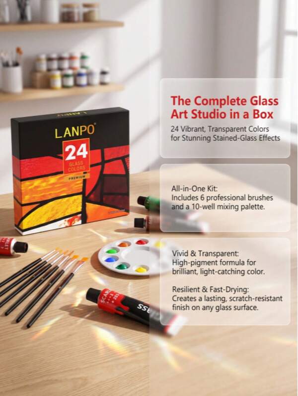 Set de pigmentos para pintura de vidrio LANPO de 24 colores, pintura transparente para ventanas resistente al agua y de secado rápido, incluye pinceles y paleta, pintura acrílica DIY hecha a mano
