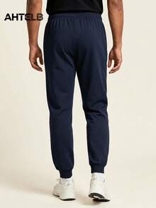 AHTELB Summer Men's Side Letter Print Sports Casual Pants, Minimalist Solid Color Fashion Elastic Drawstring Versatile Joggers, Anti-Theft Zipper Design, Suitable For Outdoor Leisure, Entertainment And Running Sports, Pants For Men, Gym Clothes Men, Sweatpants For Men, For Friends, Husband, Boyfriend Gifts - Navy Blue - View 2