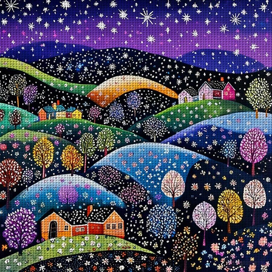 1 Set 36cm/14.17inch Whimsical Snowy Hills Village Semi-Finished Cross Stitch Kit, DIY Needlework Materials, 11CT Printed Cross Stitch Decor Painting, Creative Handmade Gift, Full Home Decor Craft Set, Frame Not Included
