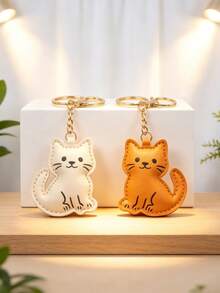 Cute PU Leather Cartoon Cat Keychain Bag Charm Pendant, Creative Personalized Gift Decoration, Versatile Cartoon Design, Suitable For Bag Decoration And Women's Car Key Accessory, Available In Coffee And Beige Colors, Fun Gift For Family And Friends - Multicolor - View 3