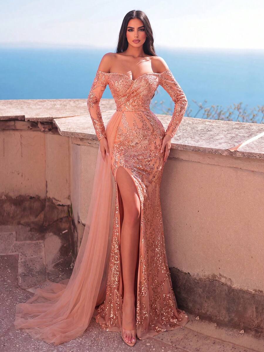 Faeriesty Gaun Malam Formal Berhiaskan Manik-manik dan Payet dengan Model Bahu Terbuka dan Belahan Paha yang Menawan, Cocok untuk Pesta, Pernikahan, Liburan Musim Gugur
