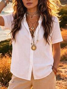 Plus Size Women's Short Sleeve Shirt Collar Woven Top, Regular Length Casual Summer Blouse, Bohemian Style Summer White - White - View 3