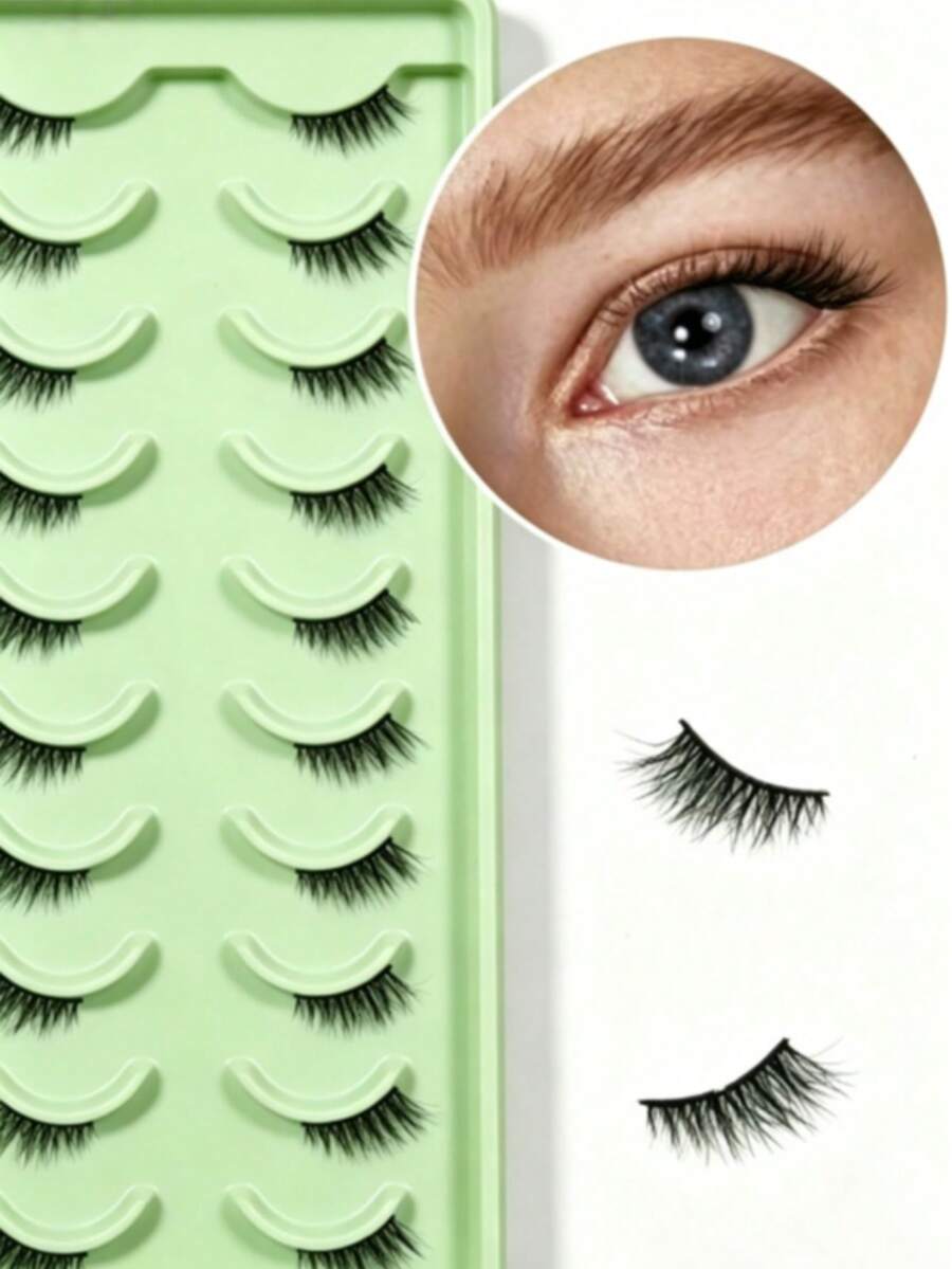 10 Pairs Natural Doll Eyelash Effect Half-Eye Style With Elongated Outer Corners, Suitable For Daily Commute And Dates - 彩色 - 查看 1
