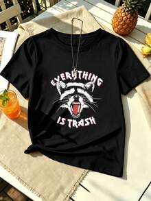 Camiseta de mujer con estampado gráfico de mapache, algodón premium, cuello redondo, corte holgado, cómoda, estampado gráfico único. - Negro - Ver 2