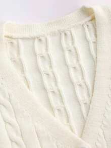 Girl's Cream Cable Knit Short Cardigan, V-Neck Button-Up Long Sleeve Ribbed Hem Knit Sweater Jacket, Soft & Comfortable, Loose Fit, Casual Basic Outerwear, Suitable For Autumn/Winter Daily Wear - Apricot - View 3