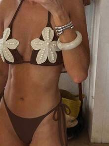2026 New Beaded 3D Floral Decor Bikini Set, 2-Piece Swimwear With Triangle Halter Top And Side Tie Triangle Bottom Brown Vacation Beach Summer - Brown - View 2
