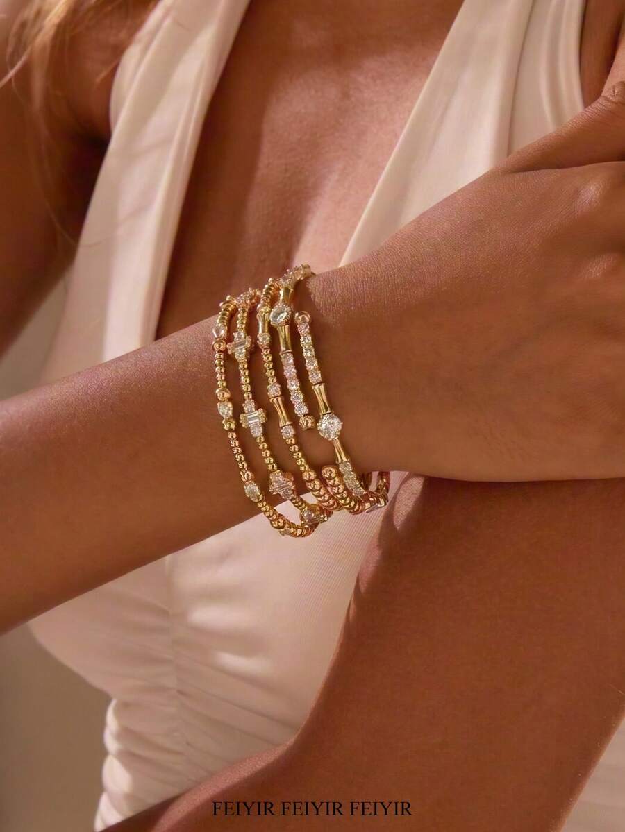 Exquisite Stackable Gold-Plated Bamboo & Ball Shape Bracelets With White Zirconia Inlay, 18K Gold Plated Fade-Resistant Adjustable Bangle, Suitable For Women, Mom, Best Friend And Girlfriend, Wedding, Vacation Charm Jewelry, Party, Daily Wear Accessory, Birthday Anniversary Gift - Various - View 1