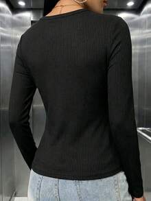 Versatile Wardrobe Essential, High Elasticity, Women's Casual Long Sleeve Slim Fit T-Shirt, Suitable For Daily Wear, Autumn/Winter Outfit, Autumn/Winter Clothing - Black - View 3