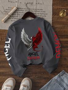 1pc Tween Boy Dark Style Angel & Devil Double Wing Print Long Sleeve T-Shirt, Dark Gray Loose Fit Base Layer Top, Spring/Autumn - Dark Grey - View 3