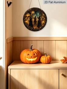1pc Halloween Forest Witch Aluminum Hanging Decoration, 2D Flat Gothic Style Halloween Decoration, Halloween Gift, Gift For Witch Lovers, Home, Room, Entryway, Party, Cafe Decoration - Round - View 10