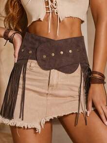1pc Bohemian Women's Tassel Waist Belt, Hair Accessories, Brown Belt, Beach Accessories For Women, Waist Belt, Summer Vacation Asymmetrical Square Buckle Tassel Waist Belt, Match With Skirts, Bikinis, Pants, Party, Beach Vacation, Holiday Gift, Street Punk, Back To School, Music Festival - Coffee - View 1