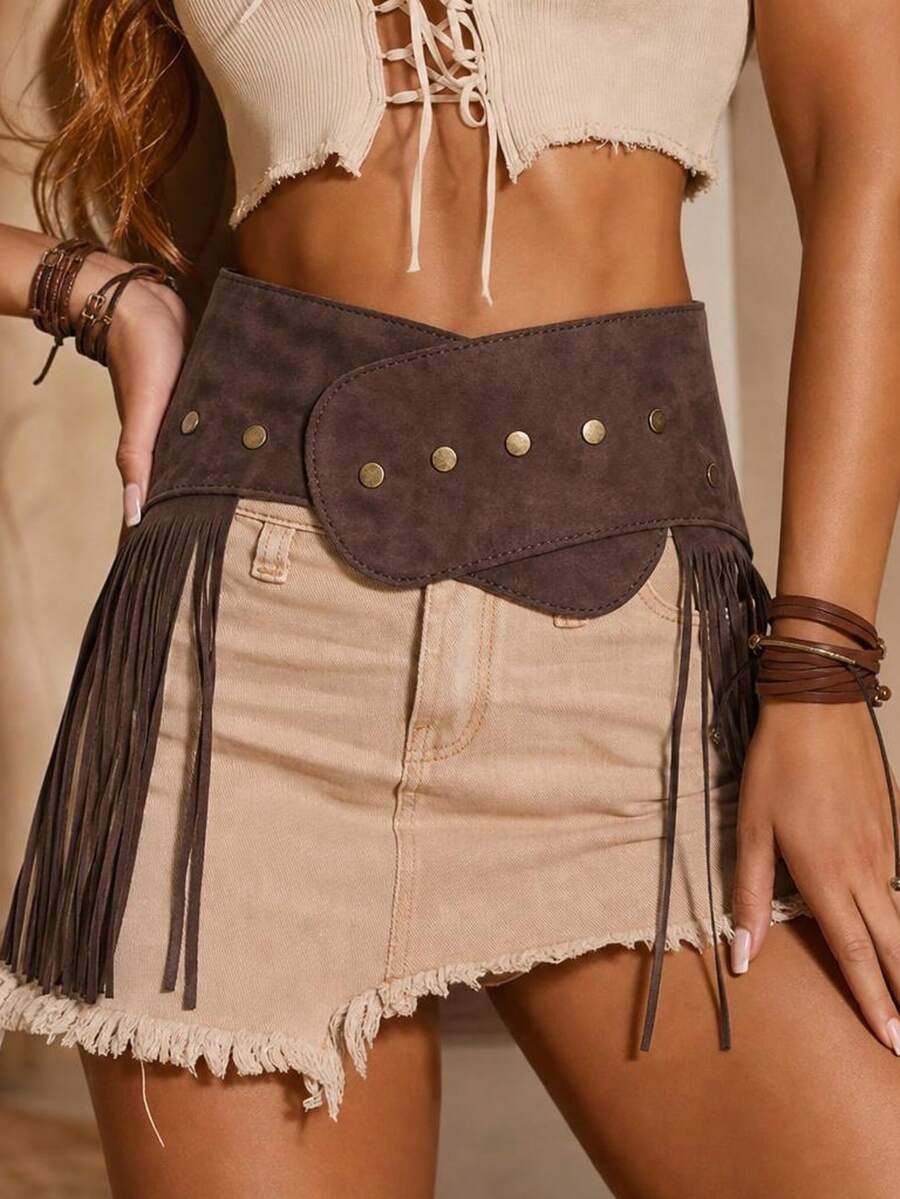 1pc Bohemian Women's Tassel Waist Belt, Hair Accessories, Brown Belt, Beach Accessories For Women, Waist Belt, Summer Vacation Asymmetrical Square Buckle Tassel Waist Belt, Match With Skirts, Bikinis, Pants, Party, Beach Vacation, Holiday Gift, Street Punk, Back To School, Music Festival - Coffee - View 1