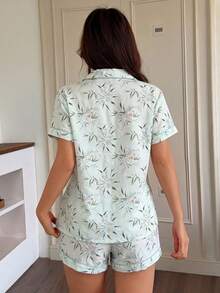 2件組女款舒適花卉印花短袖領口上衣與蝴蝶結短褲睡衣套裝，春夏款 - 杏色 - 查看 2