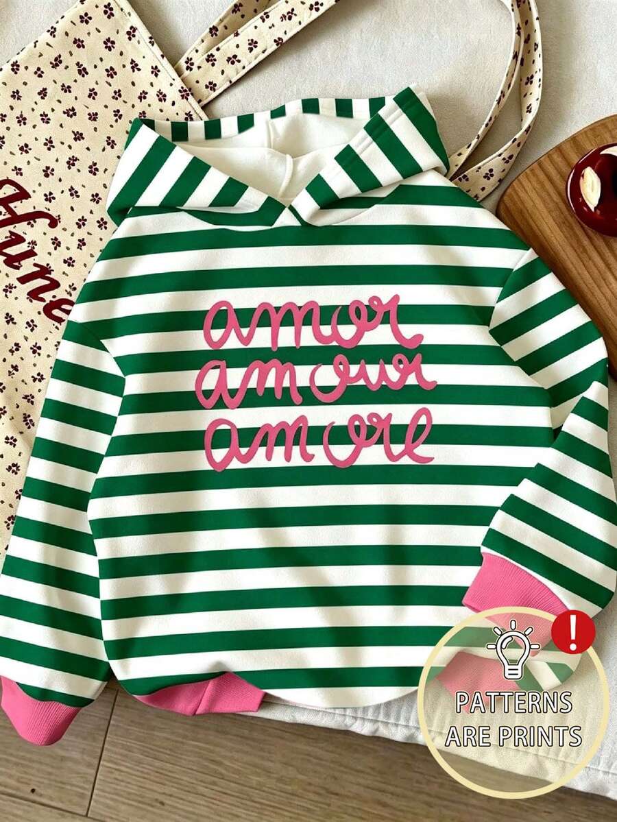 Young Girl Cartoon Pattern Warm Hooded Sweatshirt - Green - View 1