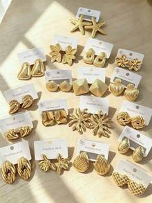 2/4 Pairs Gold Stainless Steel Fashion Geometric Oval/Leaf Shell Hollow Earrings For Women, High Quality Hypoallergenic Daily Wear Ear Jewelry, Gold Earrings - Gold - View 16