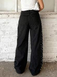 Women's Glamorous Side Beaded Straight Leg Denim Jeans - Black - View 2
