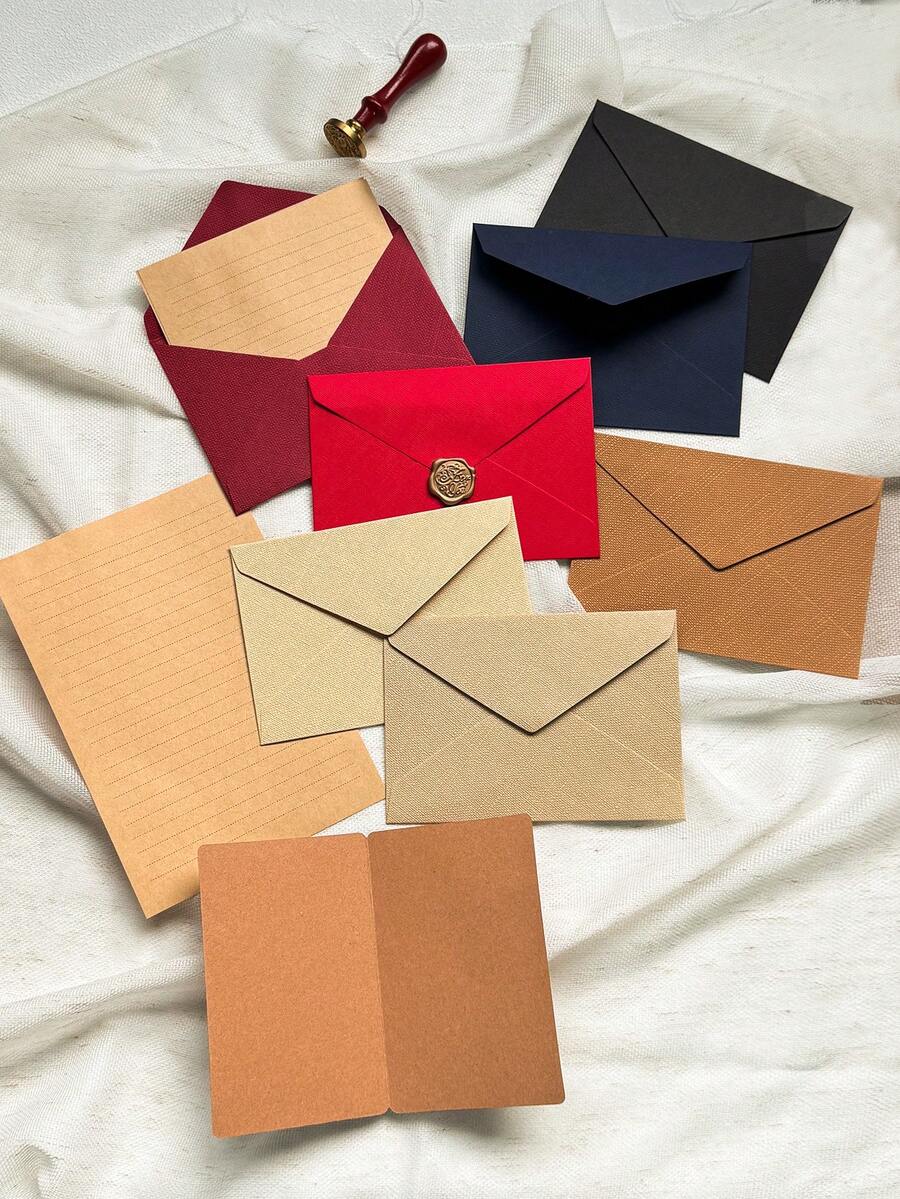 Multi-Color Linen Weave Envelope Set, Matte Paper Kit With Yellow Letter Paper, Kraft Cards & Wax Seal Stamp, Vintage Bundle For Wedding Invites, Handwritten Letters, Thank You Notes & DIY - A Set Of Blue Envelopes - View 1