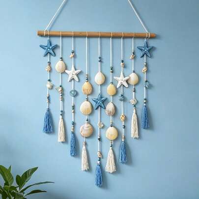 1Pc Nautical Macrame Wall Hanging Decor, Natural Wooden Rod With Starfish Seashell Sea Glass Bead & Blue White Tassel, Boho Coastal Style Tapestry For Living Room Bedroom Wall Art