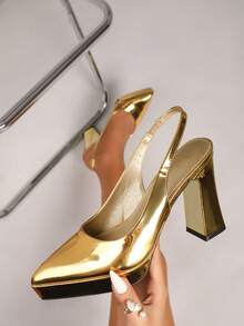 Women's Square Toe Gold Chunky Heel High Heels Thick Sole Back Strap Fashion Elegant Summer Autumn Shoes (Runs Half Size Large) - Gold - View 2