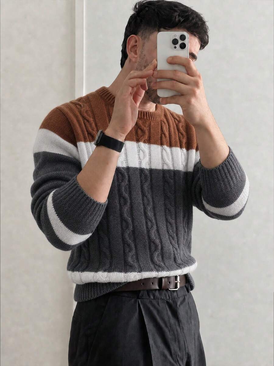 1pc Boys/Teenagers Back To School Season Simple Versatile Autumn/Winter New College Style Color Block Sweater - Brown - View 1