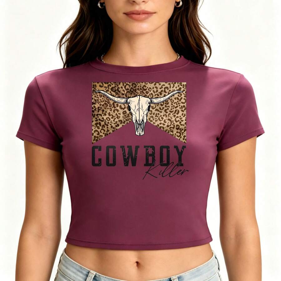 Printed Short Style T Shirt,Y2K Spring And Summer Short-Sleeved Tops,Women's,Spring,Women's Top,Green Top,Spring Clothing. - 紫羅蘭色 - 查看 1